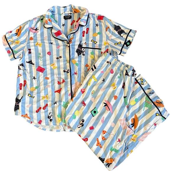 Kate Spade Blue White Stripe Beach Trip Pajama Set Short Sleeve Pant Size Large - Picture 2 of 6